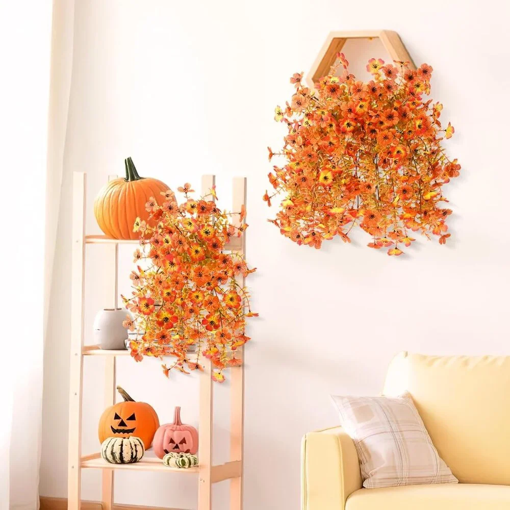 Red Orange Artificial Hanging Faux 2-Pcs Flowers Plants Outdoors Home Decor